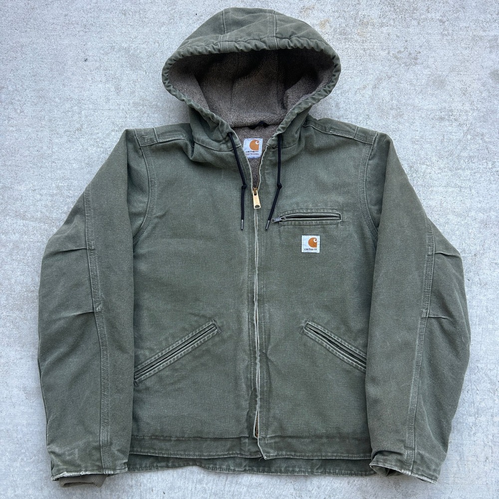 Carhartt Women Hooded Jacket Faded Olive Green Vintage Y2K Workwear Sherpa Lined